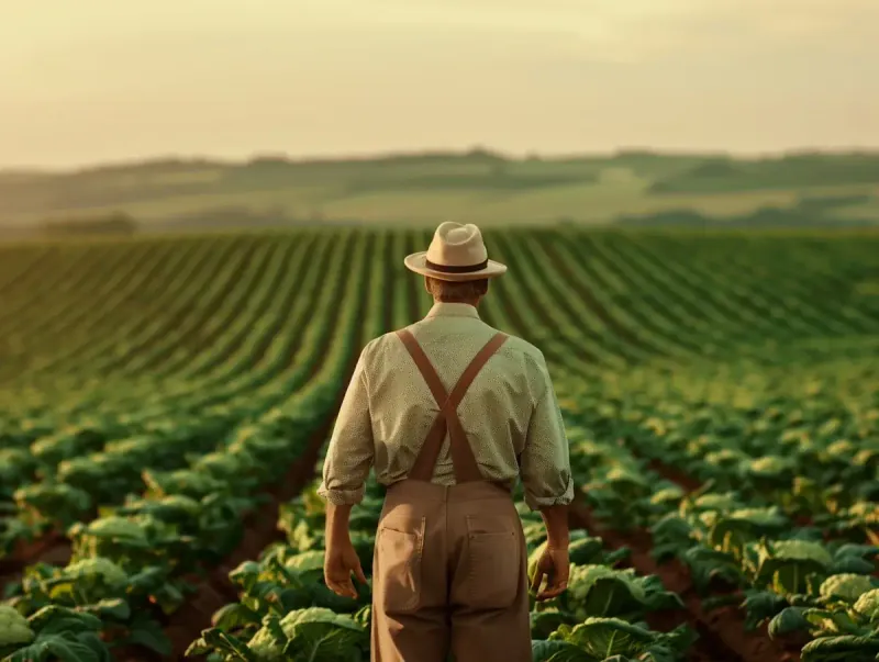 Farmer walking through a field of crops at sunset
