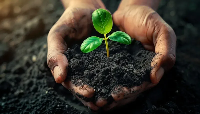 Hand holding a young plant