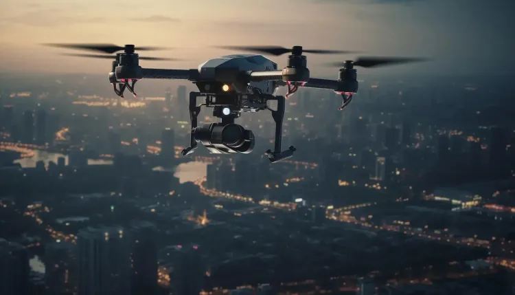 Drone flying over a city at dusk